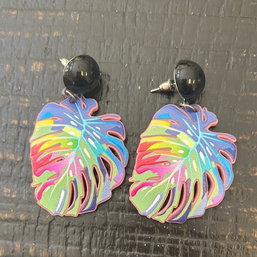 Colorful Plant Leaf Earrings with Black Studs.